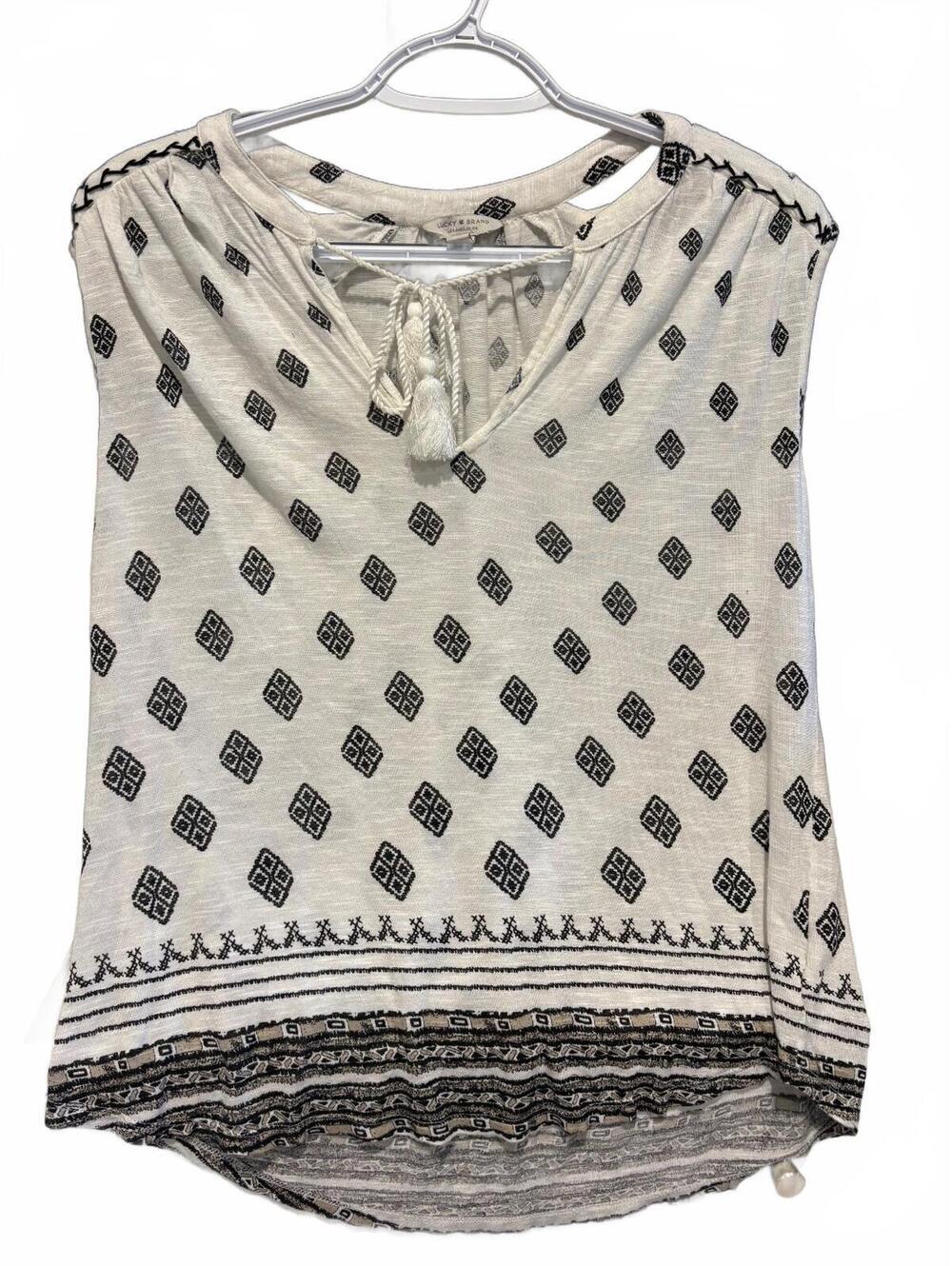 Lucky Brand Women’s sleeveless Boho Blouse Black and White Medium